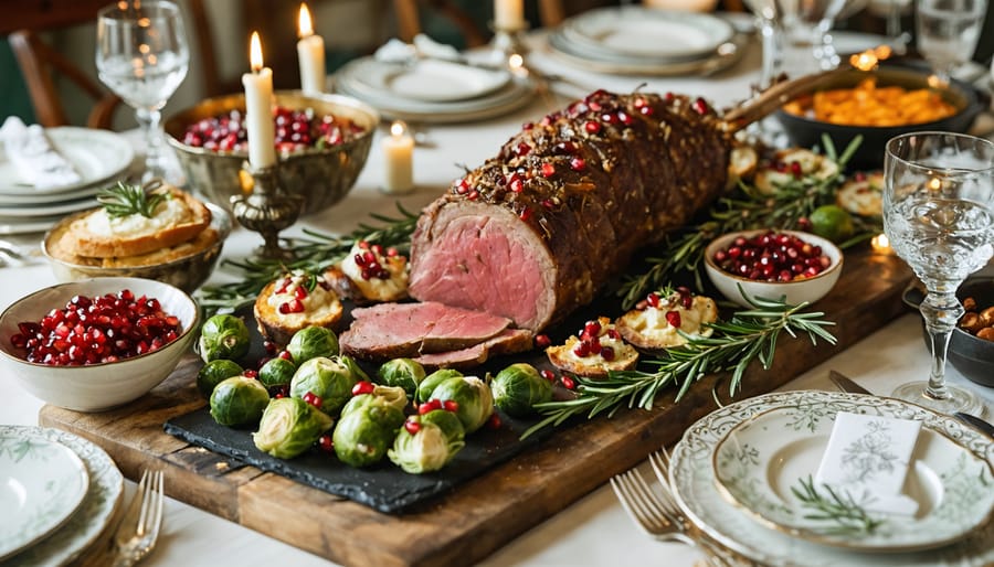 An inviting holiday dining table display showcasing unique twists on classic dishes, including herb-crusted lamb, pomegranate-studded ham, cranberry brie bites, sweet potato hummus, roasted Brussels sprouts, mushroom bread pudding, eggnog creme brulee, and gingerbread cheesecake.