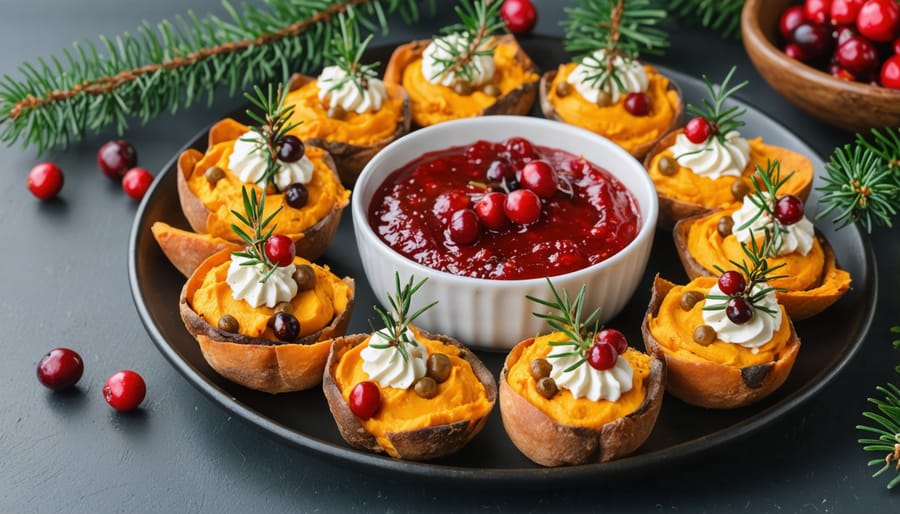 Delicious and unique holiday appetizers including cranberry brie bites and sweet potato hummus