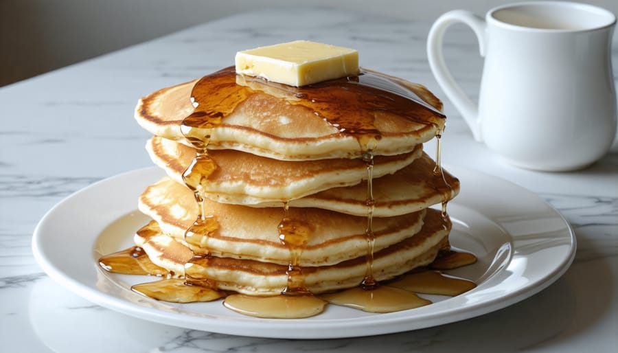 Fluffy buttermilk pancakes with syrup and butter