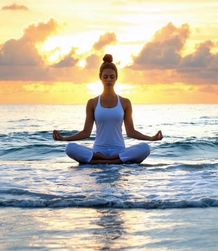 Person practicing yoga on a beach at sunrise, embodying the transition from stress to harmony and peace through mindfulness and self-care.