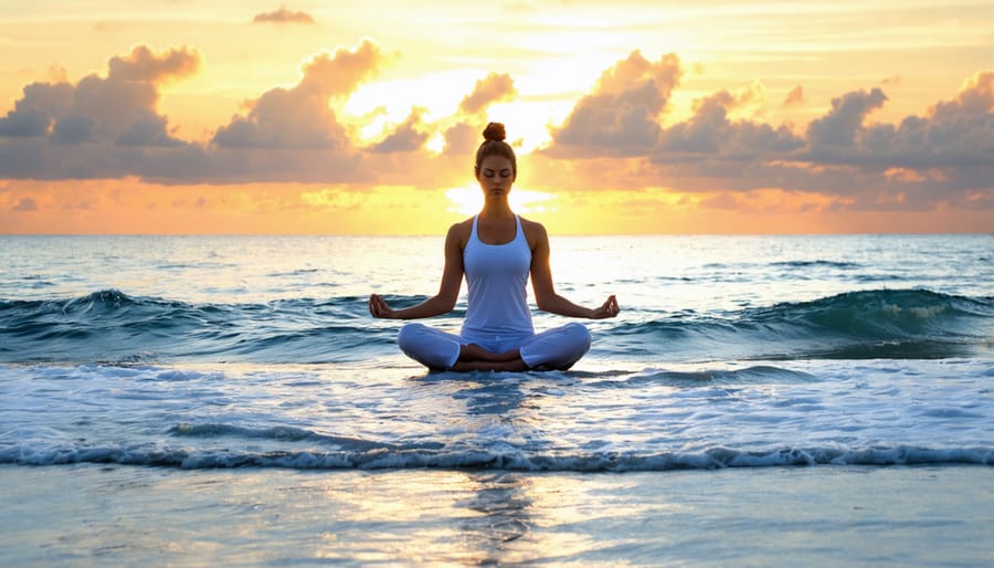 Person practicing yoga on a beach at sunrise, embodying the transition from stress to harmony and peace through mindfulness and self-care.