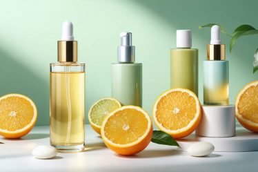 A blend of vegan skincare products featuring retinol and vitamin C surrounded by fresh citrus fruits, illustrating their synergistic benefits for a radiant complexion.