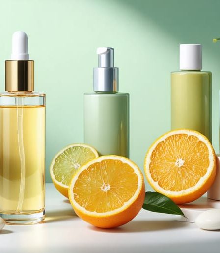 A blend of vegan skincare products featuring retinol and vitamin C surrounded by fresh citrus fruits, illustrating their synergistic benefits for a radiant complexion.