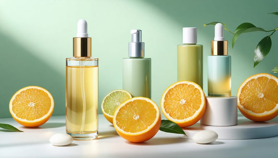 A blend of vegan skincare products featuring retinol and vitamin C surrounded by fresh citrus fruits, illustrating their synergistic benefits for a radiant complexion.