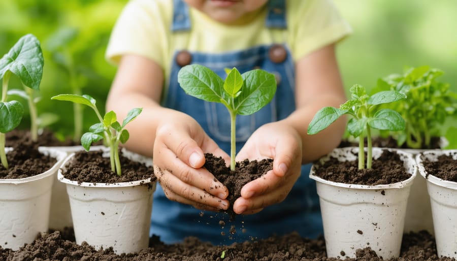 Young child planting vegetable seeds for a mini salad garden activity