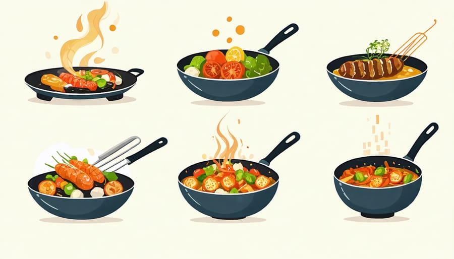 Collage demonstrating healthy cooking methods of stir-frying, roasting and steaming