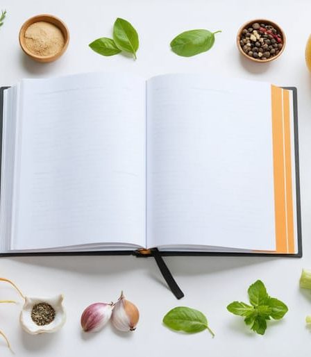 A well-lit kitchen with fresh ingredients like vegetables, fruits, and grains surrounding an open meal planner, symbolizing healthy homemade meal preparation.