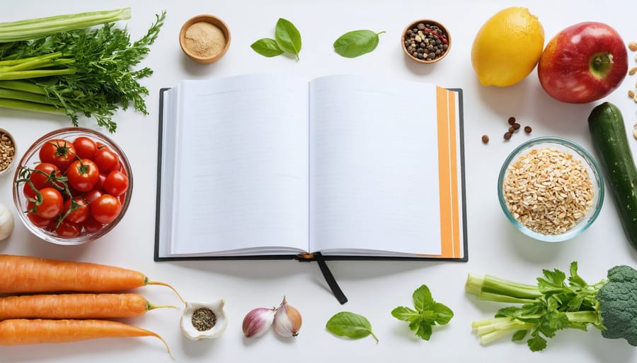 A well-lit kitchen with fresh ingredients like vegetables, fruits, and grains surrounding an open meal planner, symbolizing healthy homemade meal preparation.