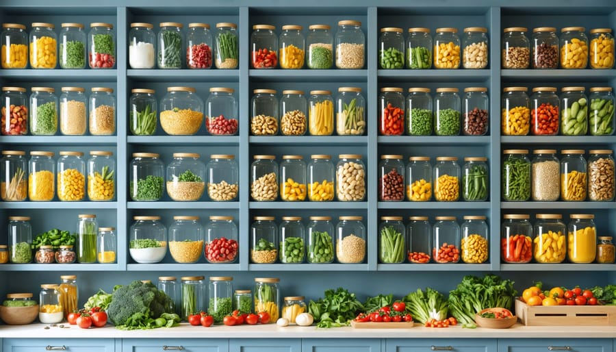 Healthy pantry staples including grains, legumes, oils and spices