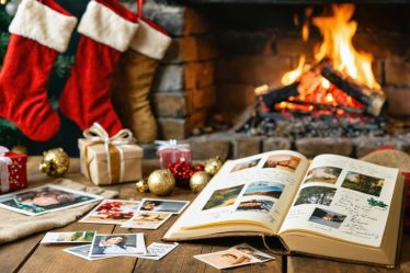 A cozy holiday setting with a scrapbook and a couple cherishing memories, representing non-material Christmas gifts focused on quality time and shared experiences.