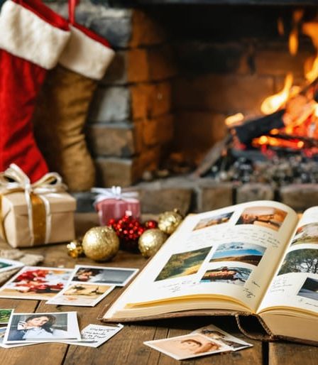 A cozy holiday setting with a scrapbook and a couple cherishing memories, representing non-material Christmas gifts focused on quality time and shared experiences.