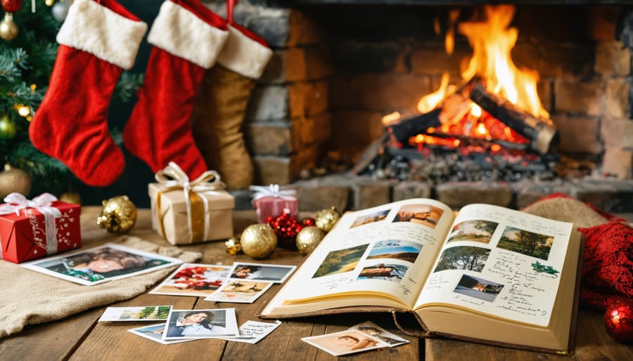 A cozy holiday setting with a scrapbook and a couple cherishing memories, representing non-material Christmas gifts focused on quality time and shared experiences.