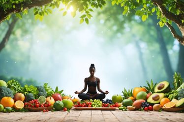 An image depicting the harmony of mind, body, and soul with a colorful arrangement of fruits, vegetables, a meditating figure, and a peaceful environment to represent holistic nutrition principles.