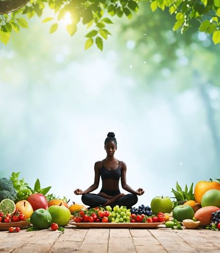 An image depicting the harmony of mind, body, and soul with a colorful arrangement of fruits, vegetables, a meditating figure, and a peaceful environment to represent holistic nutrition principles.