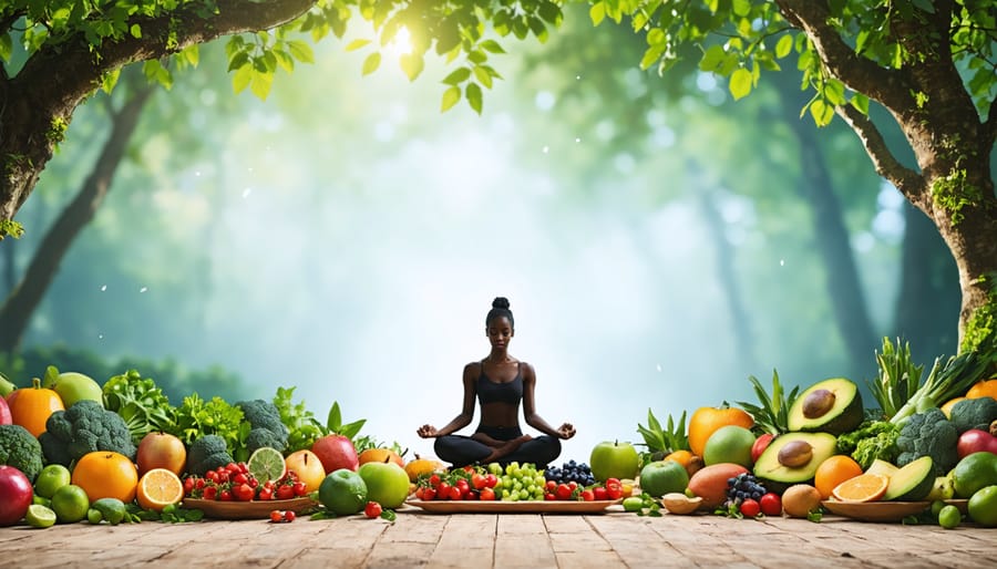 An image depicting the harmony of mind, body, and soul with a colorful arrangement of fruits, vegetables, a meditating figure, and a peaceful environment to represent holistic nutrition principles.