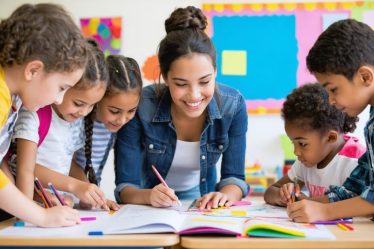 A diverse group of students enthusiastically participating in a hands-on classroom project, guided by a welcoming teacher, illustrating student engagement and meaningful connections.