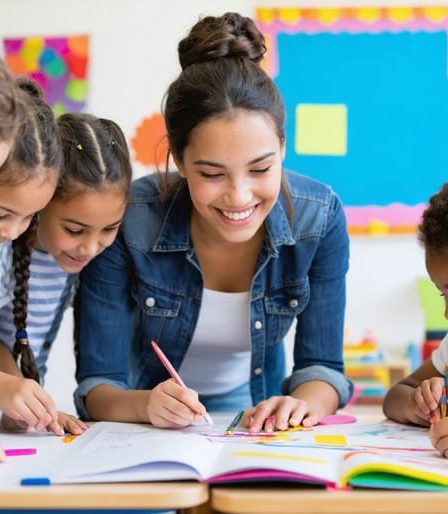 A diverse group of students enthusiastically participating in a hands-on classroom project, guided by a welcoming teacher, illustrating student engagement and meaningful connections.