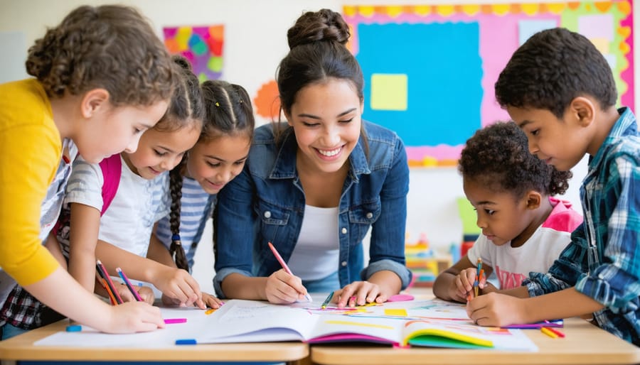 A diverse group of students enthusiastically participating in a hands-on classroom project, guided by a welcoming teacher, illustrating student engagement and meaningful connections.