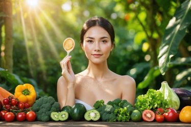 Woman practicing integrative skincare using a gua sha tool amidst a garden of vibrant fruits and vegetables, embodying holistic and nourishing beauty rituals.