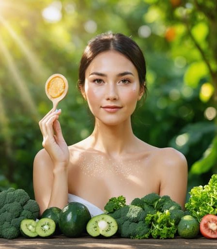 Woman practicing integrative skincare using a gua sha tool amidst a garden of vibrant fruits and vegetables, embodying holistic and nourishing beauty rituals.