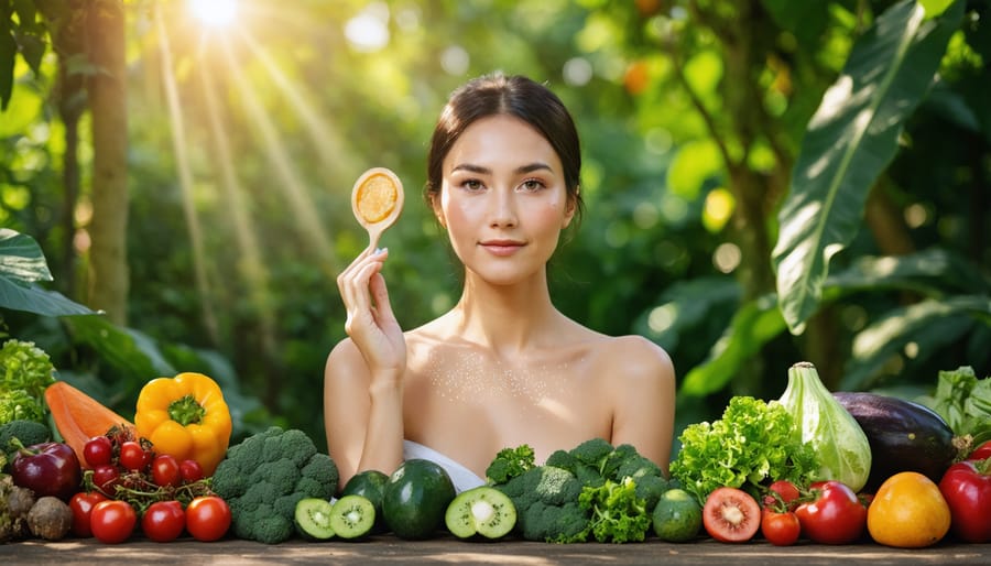 Woman practicing integrative skincare using a gua sha tool amidst a garden of vibrant fruits and vegetables, embodying holistic and nourishing beauty rituals.