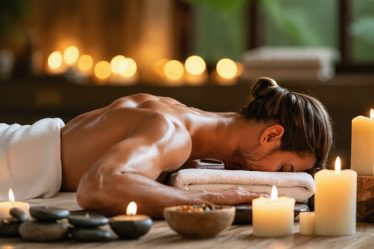 A peaceful setting of a person receiving an integrative wellness massage amidst candlelight and aromatherapy, symbolizing stress relief and holistic balance.