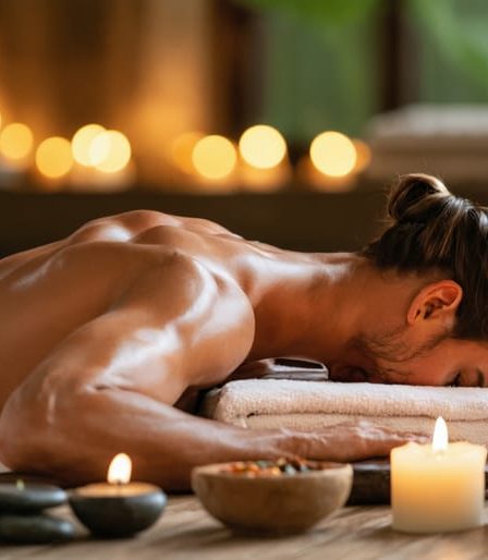 A peaceful setting of a person receiving an integrative wellness massage amidst candlelight and aromatherapy, symbolizing stress relief and holistic balance.