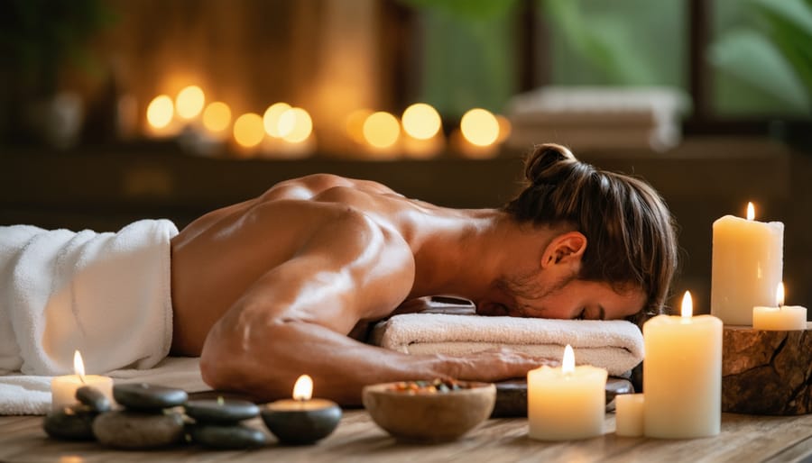 A peaceful setting of a person receiving an integrative wellness massage amidst candlelight and aromatherapy, symbolizing stress relief and holistic balance.