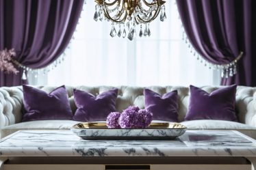 A stylish and inviting DIY home interior showcasing a crafted chandelier, customized curtains, and a faux marble tray, epitomizing affordable luxury decor ideas.