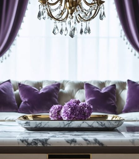 A stylish and inviting DIY home interior showcasing a crafted chandelier, customized curtains, and a faux marble tray, epitomizing affordable luxury decor ideas.