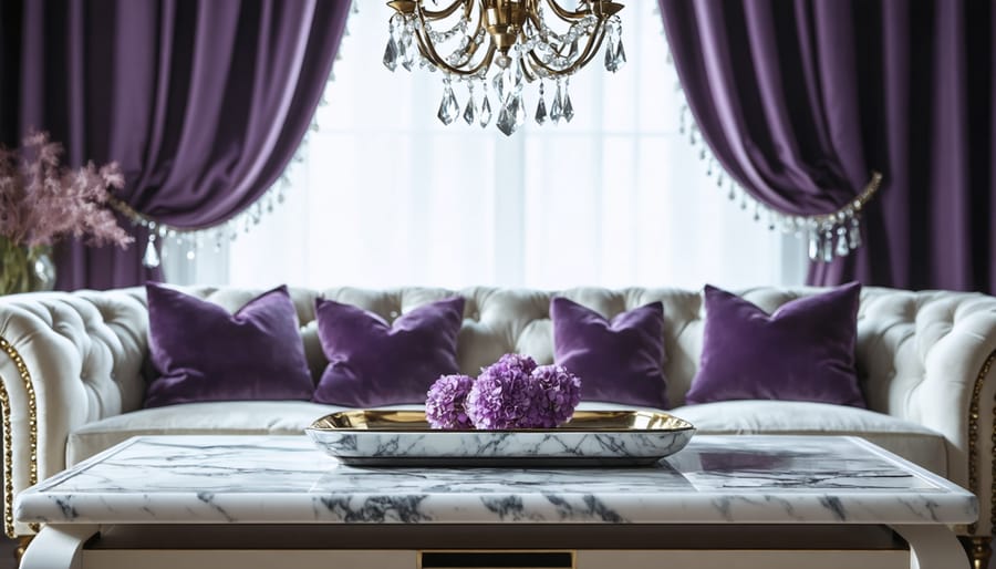 A stylish and inviting DIY home interior showcasing a crafted chandelier, customized curtains, and a faux marble tray, epitomizing affordable luxury decor ideas.