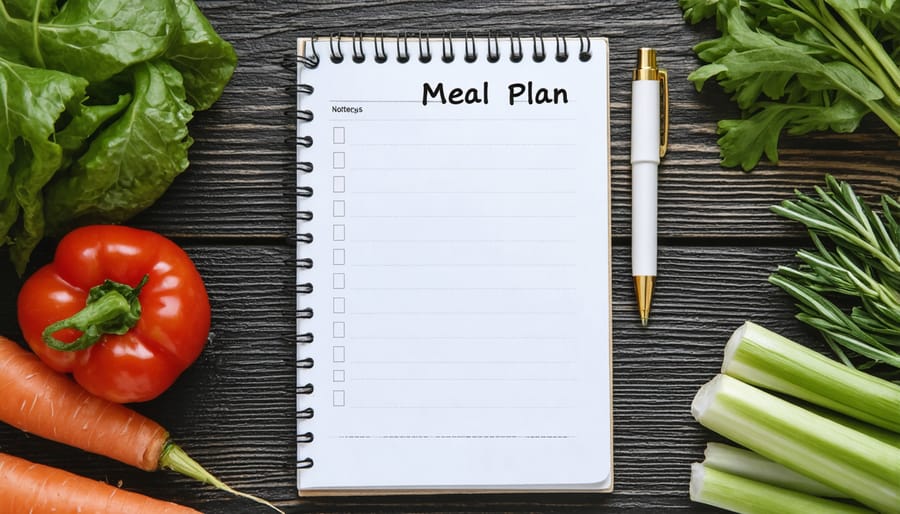 Meal planning notepad with pen and fresh ingredients in background