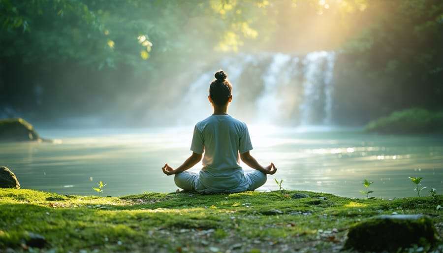 Silhouette of a person meditating outdoors during sunset