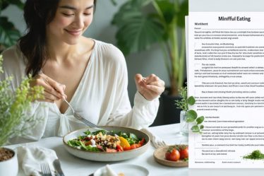 "An individual engaged in mindful eating, enjoying a vibrant meal with a mindful eating worksheet nearby, showcasing a peaceful and focused dining experience."