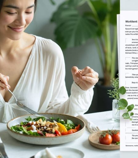 "An individual engaged in mindful eating, enjoying a vibrant meal with a mindful eating worksheet nearby, showcasing a peaceful and focused dining experience."