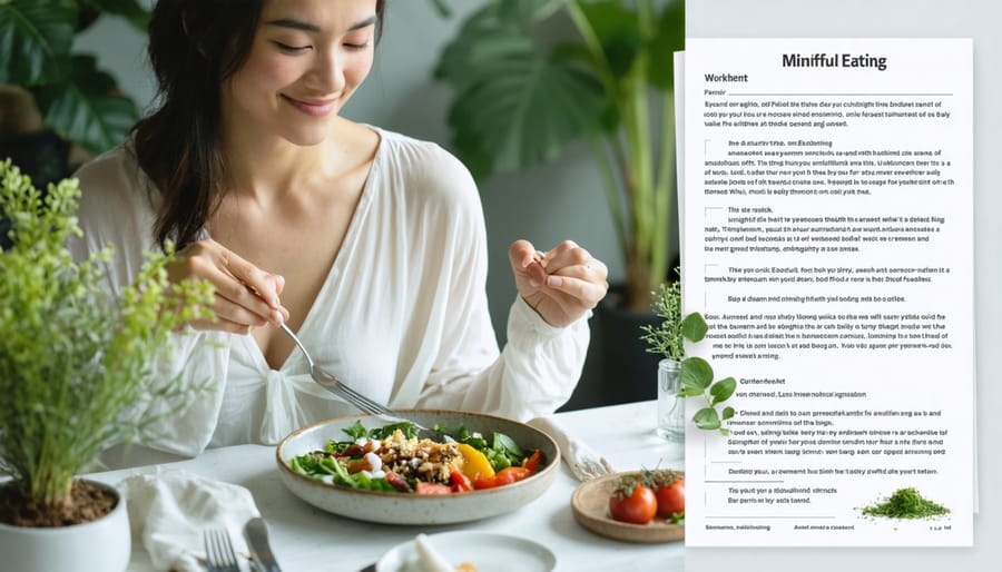 "An individual engaged in mindful eating, enjoying a vibrant meal with a mindful eating worksheet nearby, showcasing a peaceful and focused dining experience."