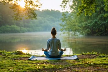 Person practicing yoga and meditation near a calm lake at sunrise, surrounded by nature, representing mindfulness and holistic wellness.