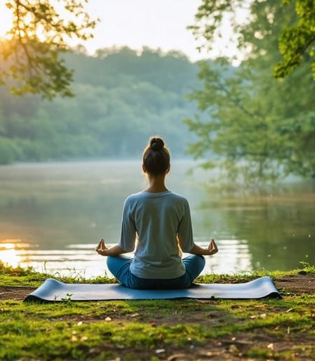 Person practicing yoga and meditation near a calm lake at sunrise, surrounded by nature, representing mindfulness and holistic wellness.