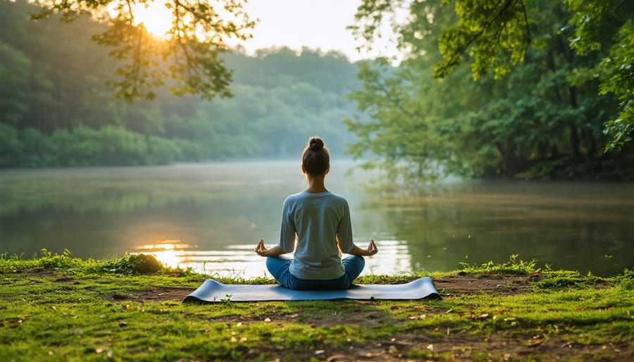 Person practicing yoga and meditation near a calm lake at sunrise, surrounded by nature, representing mindfulness and holistic wellness.