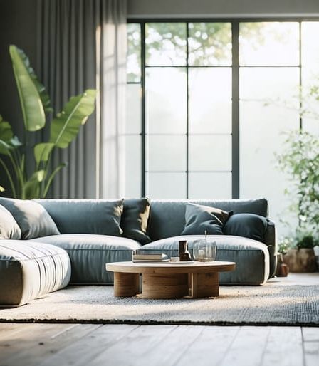 A bright, minimalist living room with simple furniture and a few meaningful decor items, illustrating a peaceful and clutter-free lifestyle.