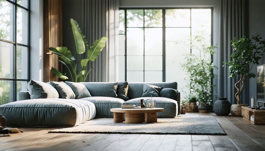 A bright, minimalist living room with simple furniture and a few meaningful decor items, illustrating a peaceful and clutter-free lifestyle.