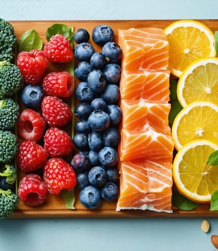 An assortment of colorful skin-nourishing foods including berries, salmon, kale, citrus fruits, and avocado displayed on a wooden board, highlighting their nutritional benefits for healthy, glowing skin.