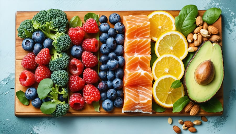 An assortment of colorful skin-nourishing foods including berries, salmon, kale, citrus fruits, and avocado displayed on a wooden board, highlighting their nutritional benefits for healthy, glowing skin.