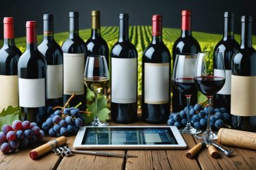 A digital tablet displaying an oenology course interface, surrounded by wine glasses and bottles against a vineyard backdrop, symbolizing the blend of online learning and wine appreciation.