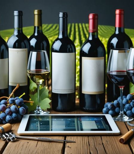 A digital tablet displaying an oenology course interface, surrounded by wine glasses and bottles against a vineyard backdrop, symbolizing the blend of online learning and wine appreciation.