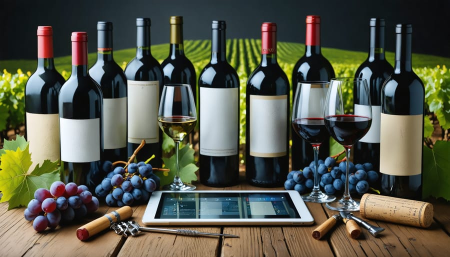 A digital tablet displaying an oenology course interface, surrounded by wine glasses and bottles against a vineyard backdrop, symbolizing the blend of online learning and wine appreciation.