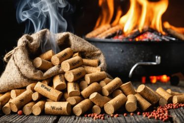 A variety of labeled wood pellets with a smoking pellet grill in the background, illustrating secrets for mastering grilling techniques.