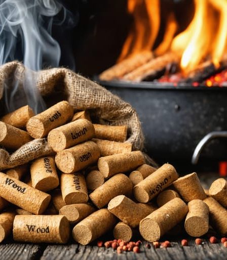 A variety of labeled wood pellets with a smoking pellet grill in the background, illustrating secrets for mastering grilling techniques.