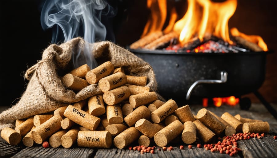 A variety of labeled wood pellets with a smoking pellet grill in the background, illustrating secrets for mastering grilling techniques.