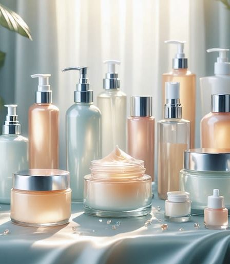 Collection of elegant, glowing skincare products signifying personalized routines for radiant skin.